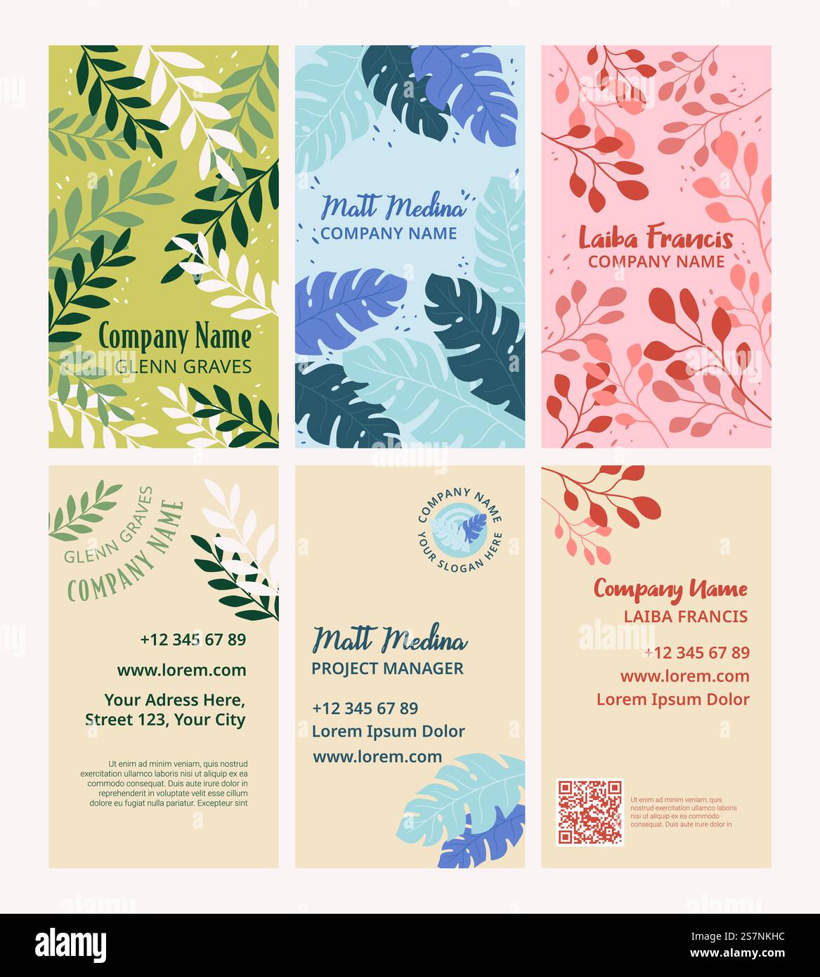 Branding-Design-Set mit botanischen Elementen. Visitenkartensammlung mit natürlicher Dekoration, Vektor-Illustration. Farbenfrohe Unternehmensidentität für Person, Mitarbeiter im Unternehmen. Branding-Design-Set mit botanischen Elementen Stock Vektor