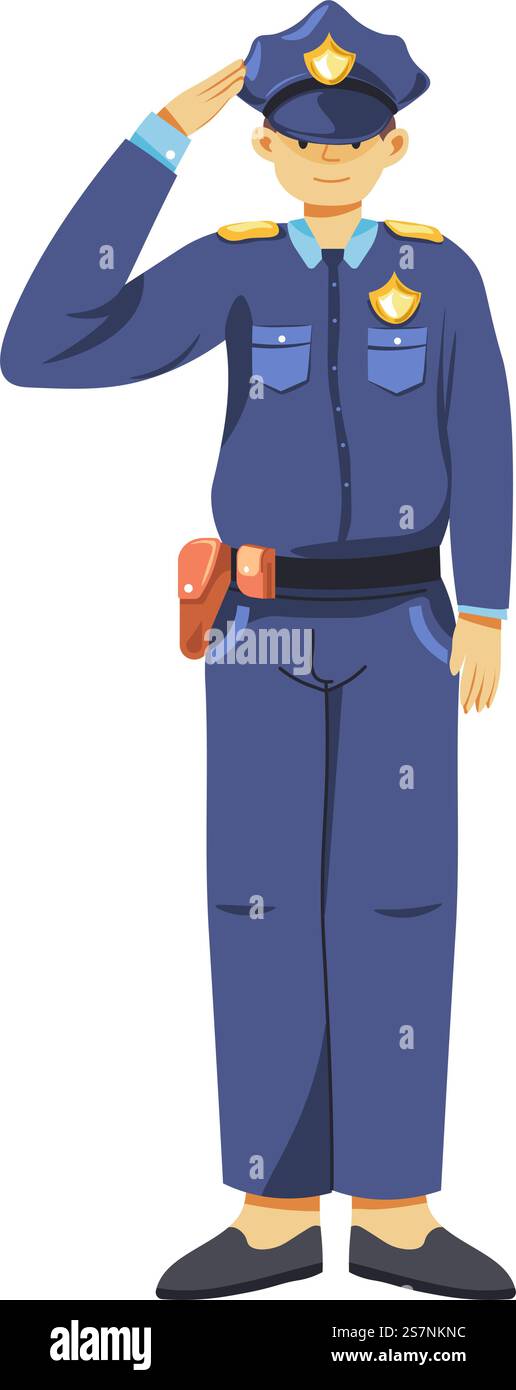 Polizist grüßt mit Handgesten, isolierter Detektiv in Uniform, Mann mit Waffe und Abzeichen. Die Polizei zwingt Arbeiter im Dienst, soziale Ordnung und Sicherheit in Stadt und Stadt. Vektor in abgewickelten Formaten. Detective grüßt mit Handgeste, Polizist Stock Vektor