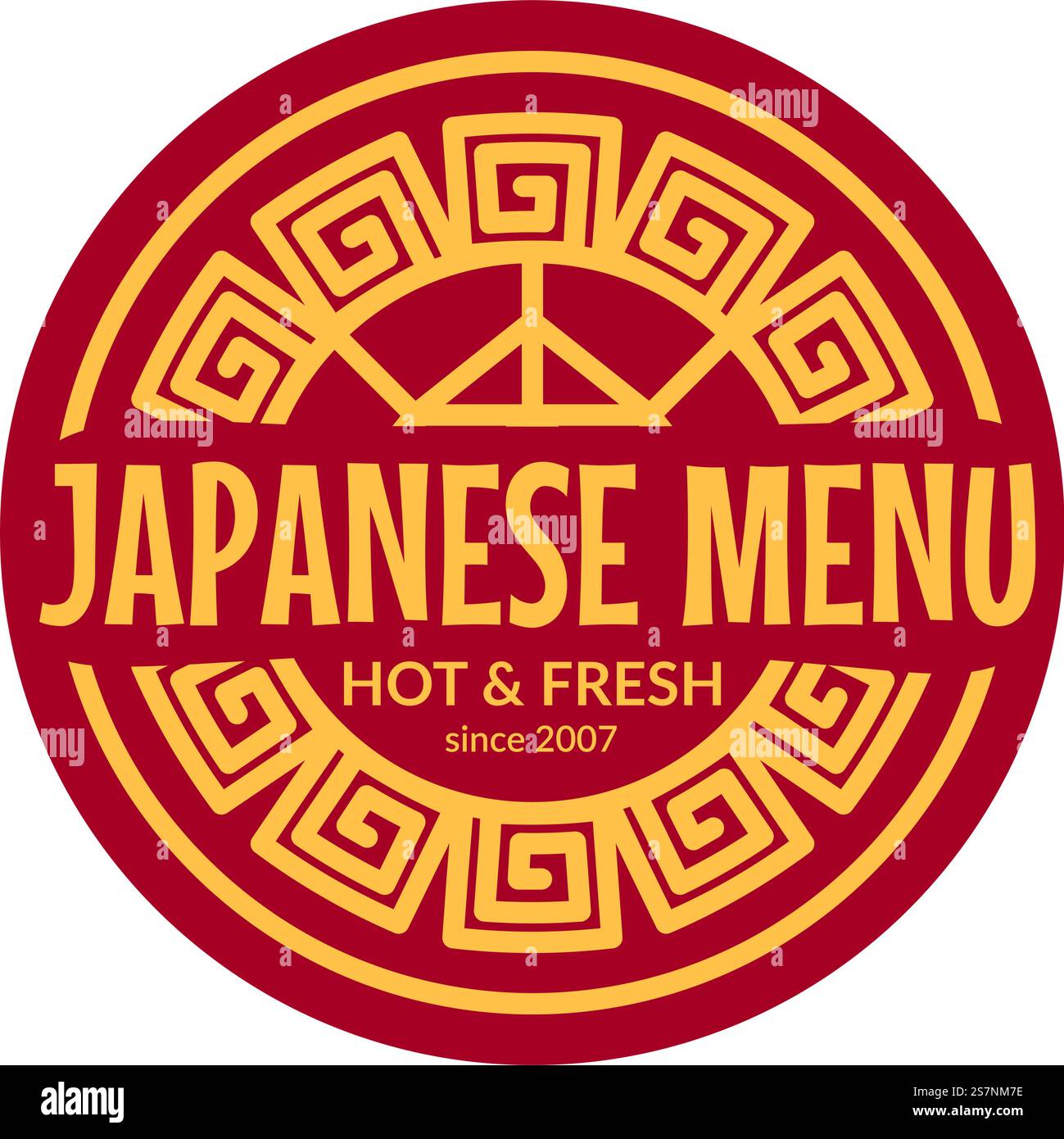 Authentisches japanisches Essen und Gerichte aus Restaurants oder Geschäften. Isoliertes Logo mit geometrischem Druck und Copyspace, heiß und frisch. Werbebanner oder -Label, Emblem oder Logo. Vektor in abgewickelter Form. Japanisches Menü, leckeres asiatisches Essen Etikett oder Logo Stock Vektor