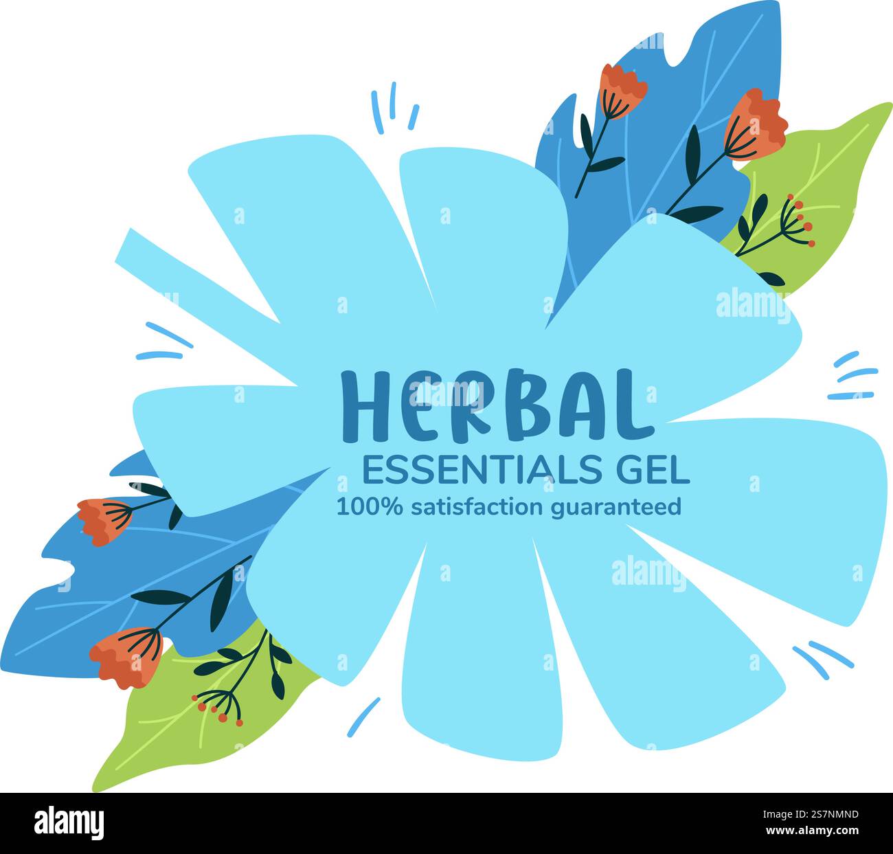 Essentielles Gel mit Kräutern und natürlichen Inhaltsstoffen, Zufriedenheit garantiert. Blühende Blumen und Blätter, Blütenblätter und organische Bestandteile und Extrakte. Blühende Blätter und Flora. Vektor in abgewickelter Form. Kräuter Essential Gel, Zufriedenheit garantiert Stock Vektor