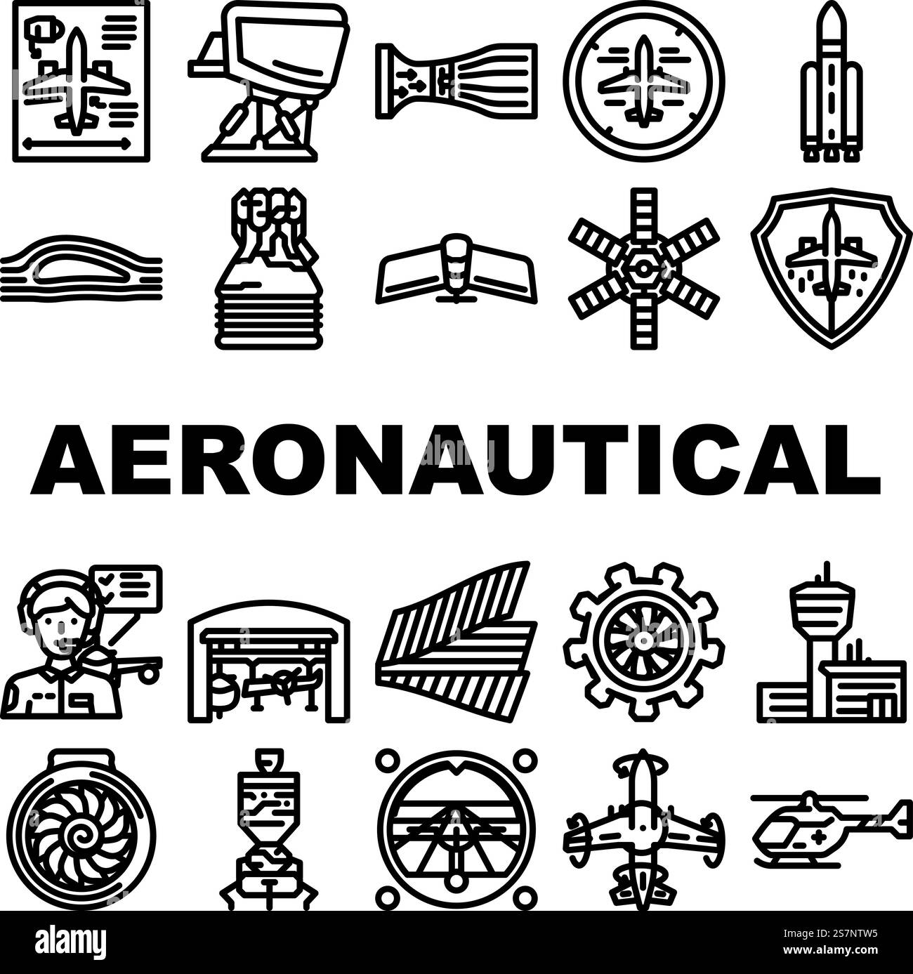 Luftfahrtingenieur Luftfahrtsymbole legen den Vektor fest. Flugzeug Flugzeug, Luft- und Raumfahrtjet, Flugzeugflughafen, Triebwerkwartung, Steuerpiloten Luftfahrtingenieur Luftfahrt schwarze Konturabbildungen. Luftfahrtingenieur Luftfahrtsymbole legen den Vektor fest Stock Vektor