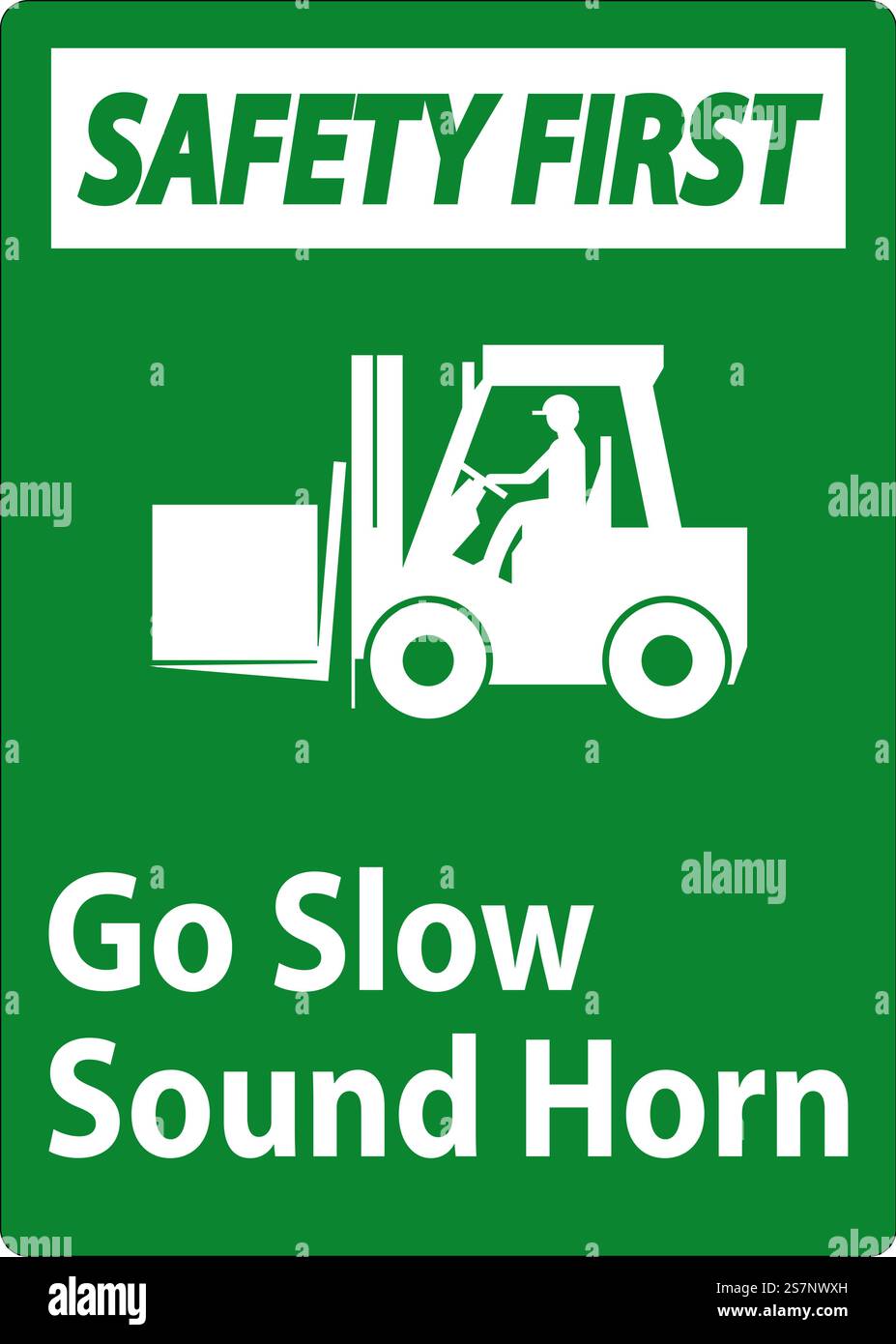 Schild „Safety First“, Schild „Go Slow Sound Horn“ Stock Vektor