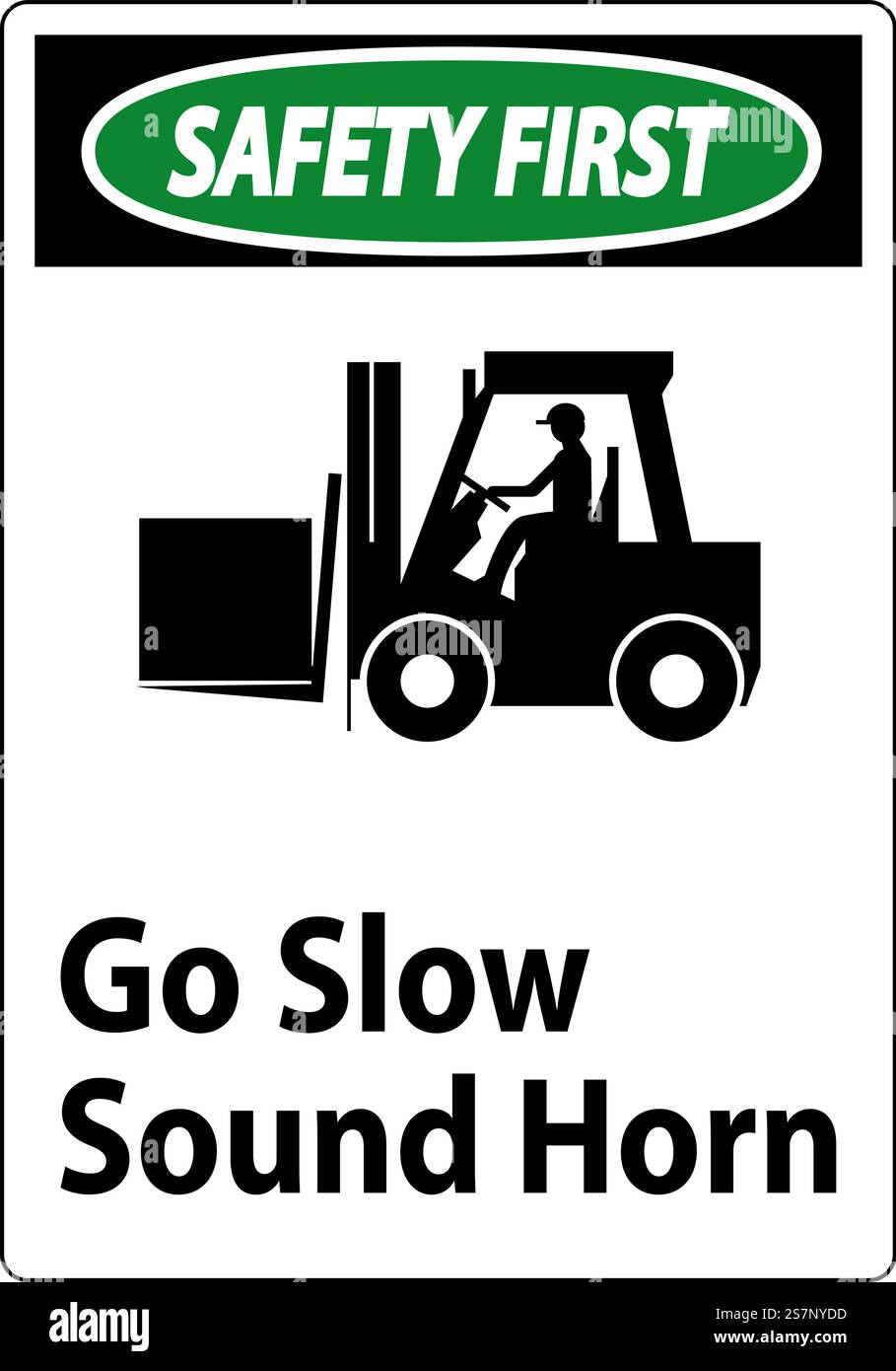 Schild „Safety First“, Schild „Go Slow Sound Horn“ Stock Vektor