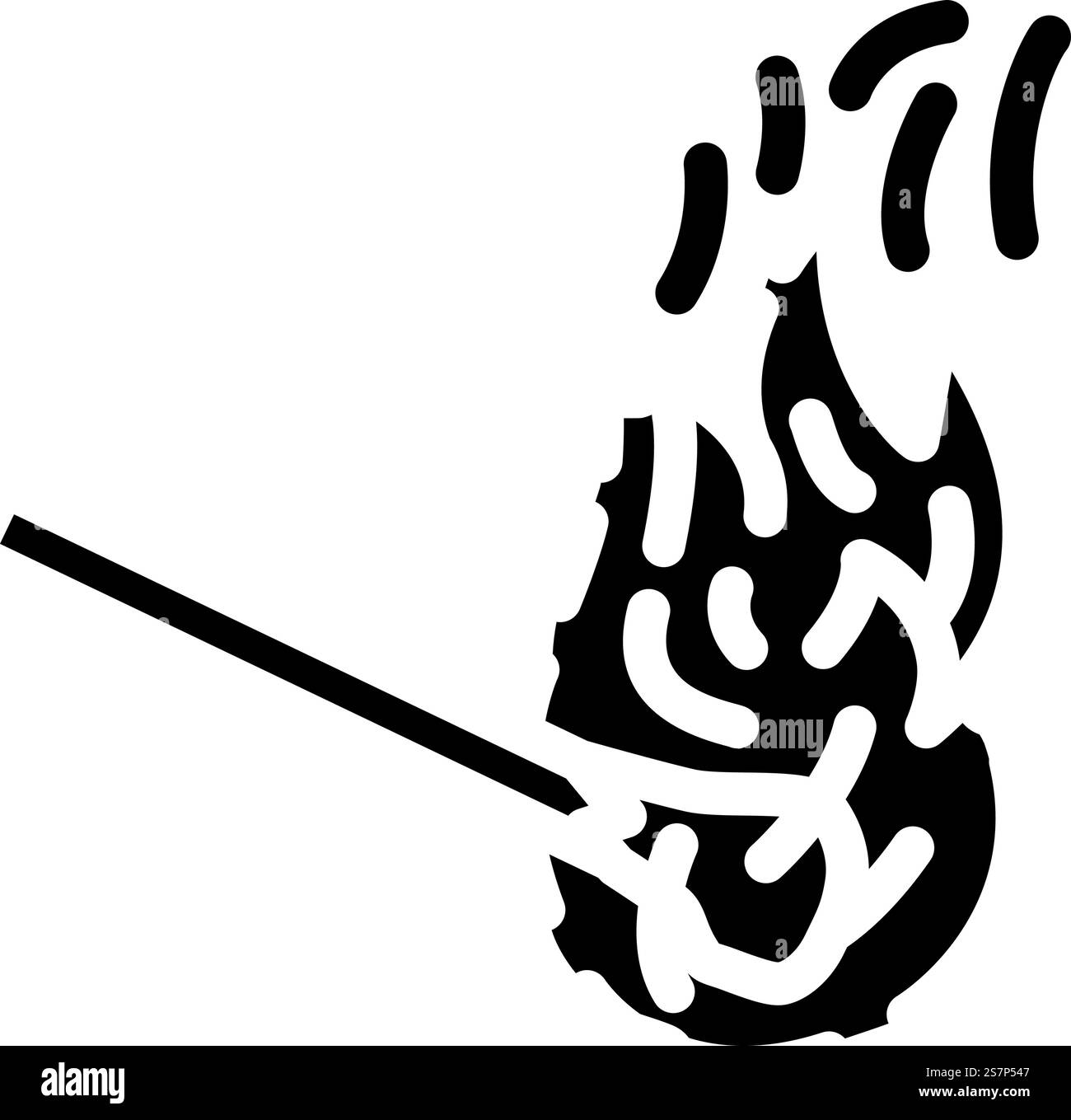 Brennender Stachelstab Glyph-Symbol-Vektor. Brennendes Streichholzschild. Isolierte Symboldarstellung. Brennende Matchstick Glyphe Symbol Vektor Illustration Stock Vektor