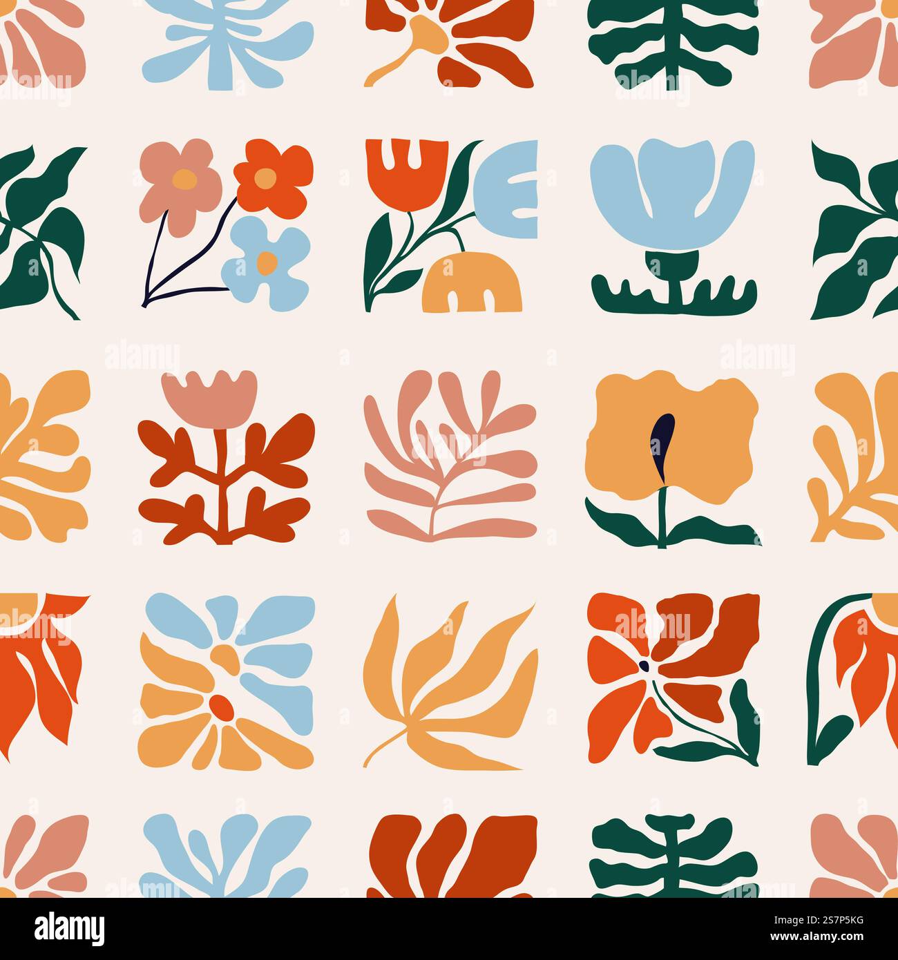Ungewöhnliches abstraktes nahtloses Muster im modernistischen Stil. Set aus quadratischen geometrischen Fliesen mit Pflanzen, Blumen und Blättern, inspiriert vom Impressionismus. Ungewöhnliches abstraktes nahtloses Muster im modernistischen Stil. Set aus quadratischen Fliesen, inspiriert vom Impressionismus Stock Vektor
