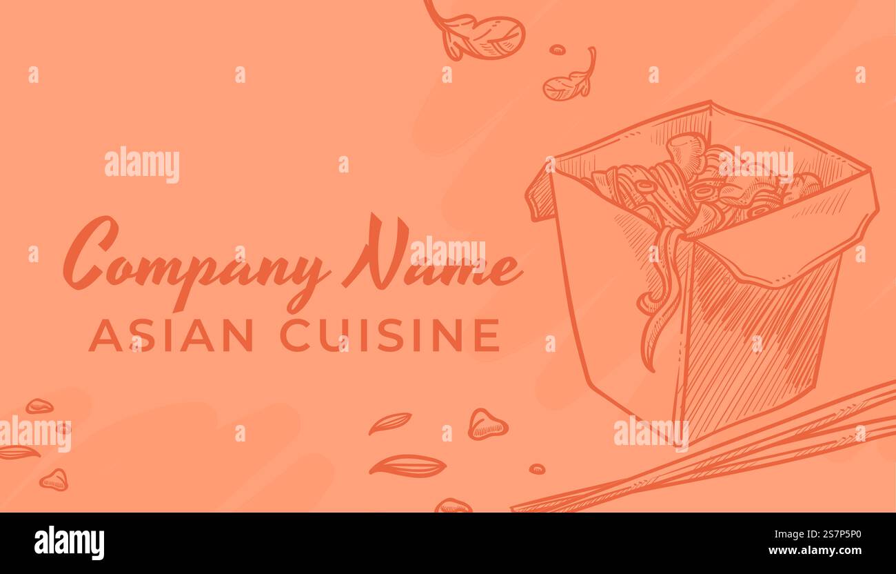 Visitenkarte mit Firmenname, Restaurant oder Geschäft mit asiatischer Küche, Geschäft mit orientalischer Landküche. Leckere Ramen oder Wok zum Mitnehmen, Box mit Schüssel und Essstäbchen. Vektor in abgewickelter Darstellung. Asiatische Küche, Visitenkarte mit Firmenname Stock Vektor