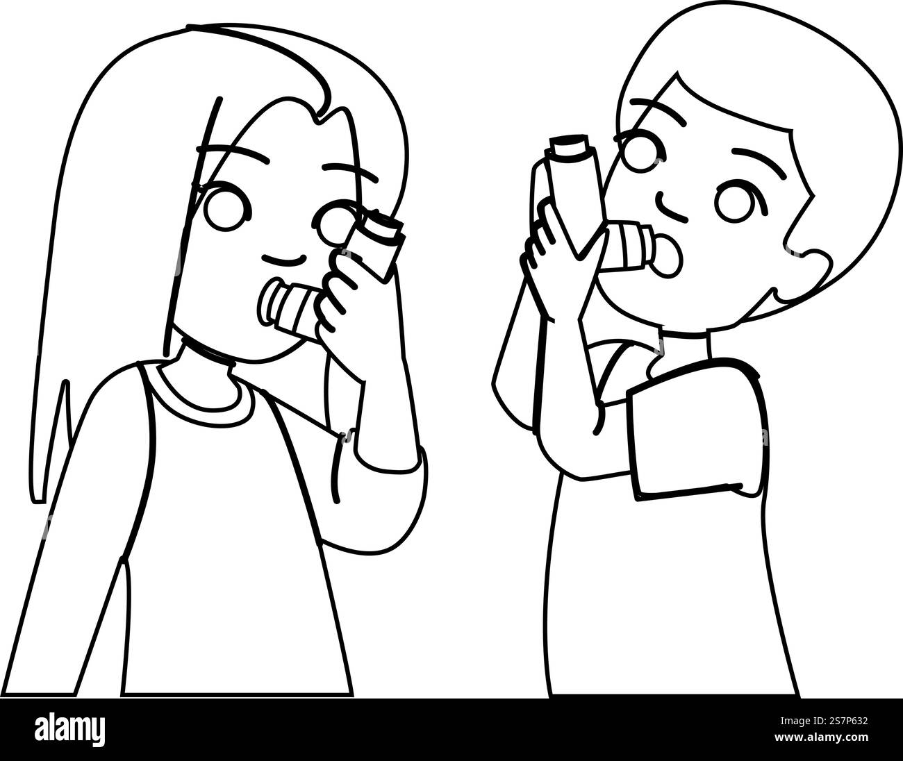 Asthma-Kid-Vektor. Vernebler Kind, Inhalator Mädchen, Atemwegskrankheit, Personenfieber, Grippe Husten Asthma Kind Charakter. Abbildung „People Black Line“. Asthma-Kid-Vektor Stock Vektor