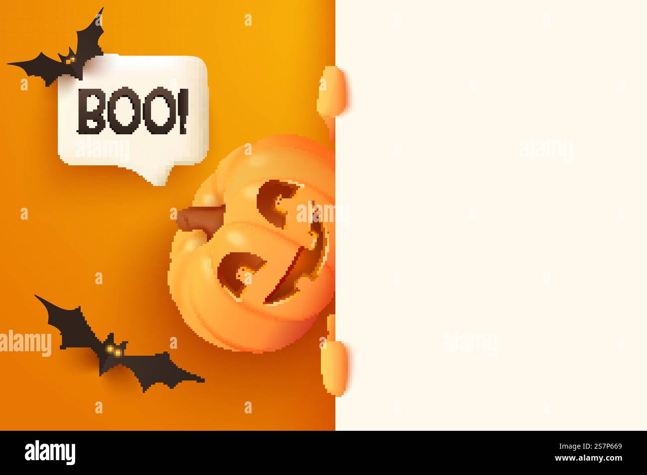 Halloween Banner Vorlage mit Jack O Lantern Kürbis, Sprechblase und Fledermäusen. Realistischer Kürbis mit einem gruseligen Lächeln auf seinem Gesicht, der hinter einem Banner herausblickt. Banner, Poster, Broschüre, Flyer. Halloween Banner Vorlage mit Jack O Lantern Kürbis, Sprechblase und Fledermäusen. Realistischer Kürbis mit einem gruseligen Lächeln auf seinem Gesicht, der hinter einem Banner herausblickt Stock Vektor