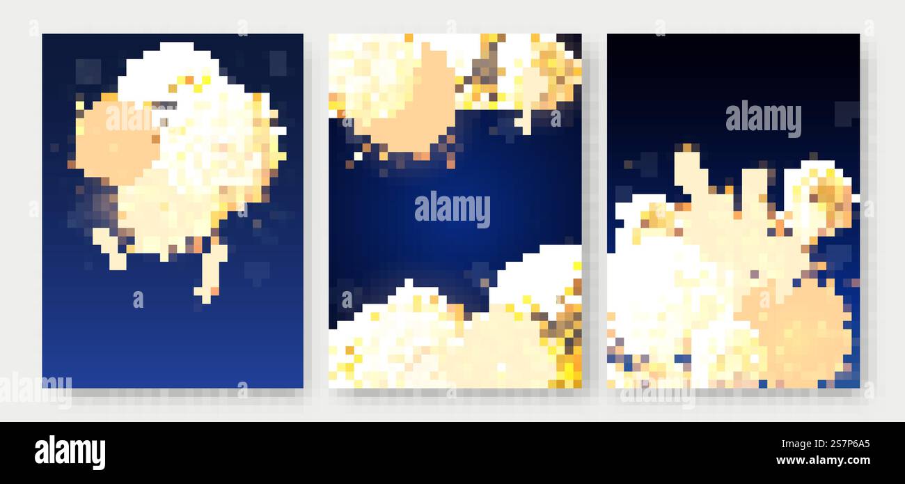 Drei Poster mit Feuerwerk, das in verschiedenen Formen platzt. Feuerwerk-Explosion in der Nacht. Feuerwerkskörper-Raketen platzen in großen funkelnden Sternkugeln. Drei Poster mit Feuerwerk, das in verschiedenen Formen platzt. Feuerwerk-Explosion in der Nacht. Feuerwerkskörper-Raketen platzen in funkelnden Sternkugeln Stock Vektor