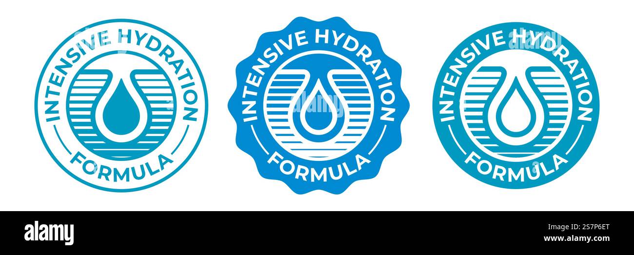 Hydration Symbol, feuchtigkeitsspendende Wassertropfen Vektor-Logo für kosmetische Produkte Paket. Formel Icon mit intensiver Hydration-Effekt für Feuchtigkeitspflege, Hautpflegecreme und Hyaluronsäure-Serum Stock Vektor