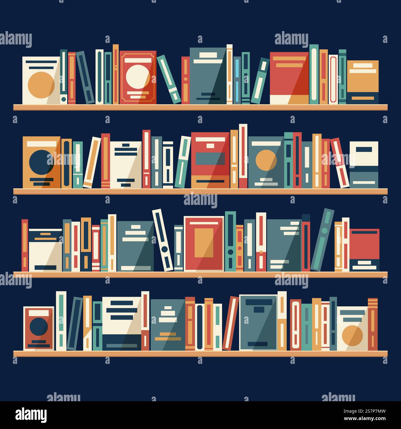 Regale mit bunten Büchern im flachen Design. Bücherregale aus Holz mit bunten Büchern. Schularchiv und Buchhandlung, Bücherregal und Bücherregal. Regale mit bunten Büchern im flachen Design. Hölzerne Bücherregale mit Büchern. Schularchiv und Buchhandlung, Bücherregal und Bücherregal Stock Vektor