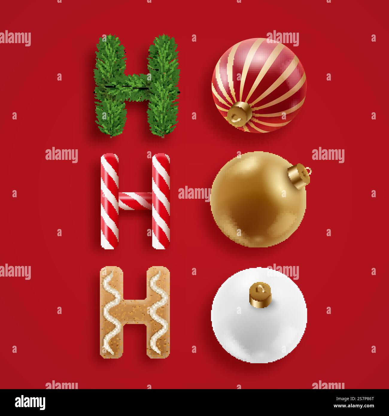 Phrase Ho Ho Ho aus verschiedenen weihnachtlichen Elementen. Deko aus Süßigkeiten, Keksen, Zweigen, weihnachtskugeln. Neujahr- und Weihnachtskonzept. Phrase Ho Ho Ho aus verschiedenen weihnachtlichen Elementen. Dekoration aus Süßigkeiten, Zweigen, weihnachtskugeln. Neujahr- und Weihnachtskonzept Stock Vektor