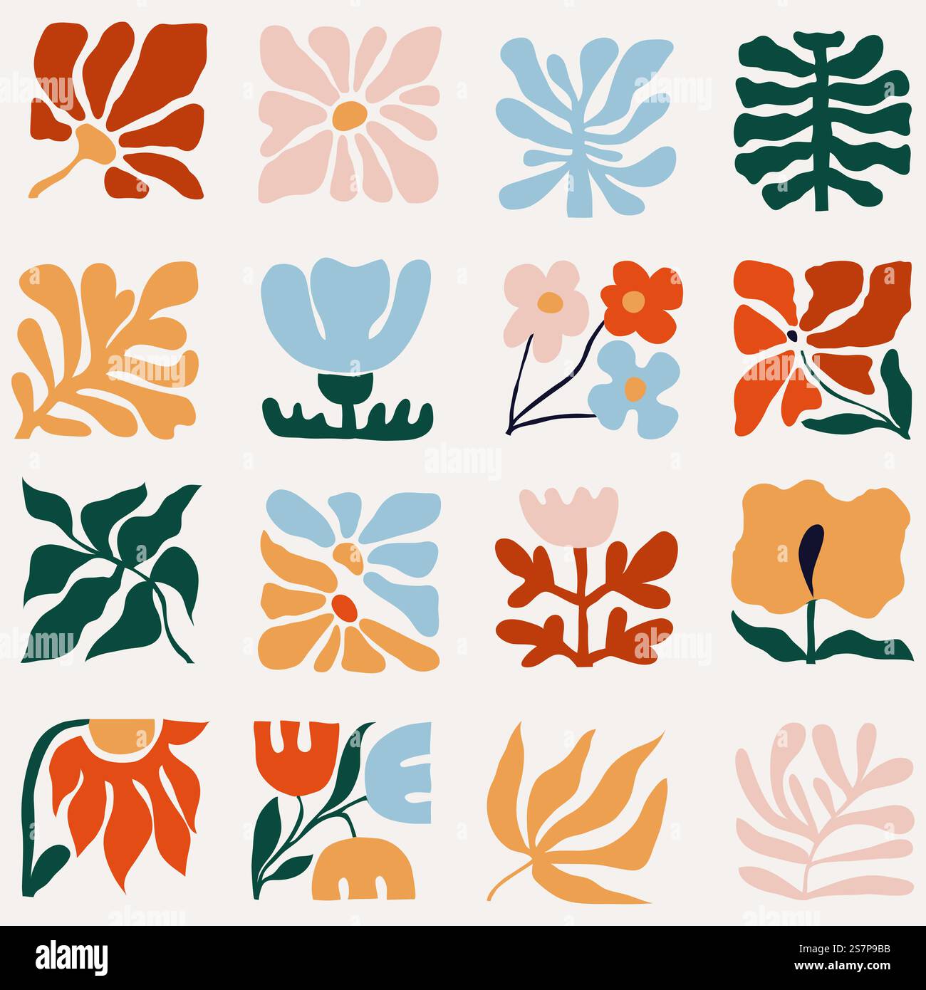 Ungewöhnliche abstrakte Formen im modernistischen Stil. Set aus quadratischen geometrischen Fliesen mit Pflanzen, Blumen und Blättern, inspiriert vom Impressionismus Stock Vektor