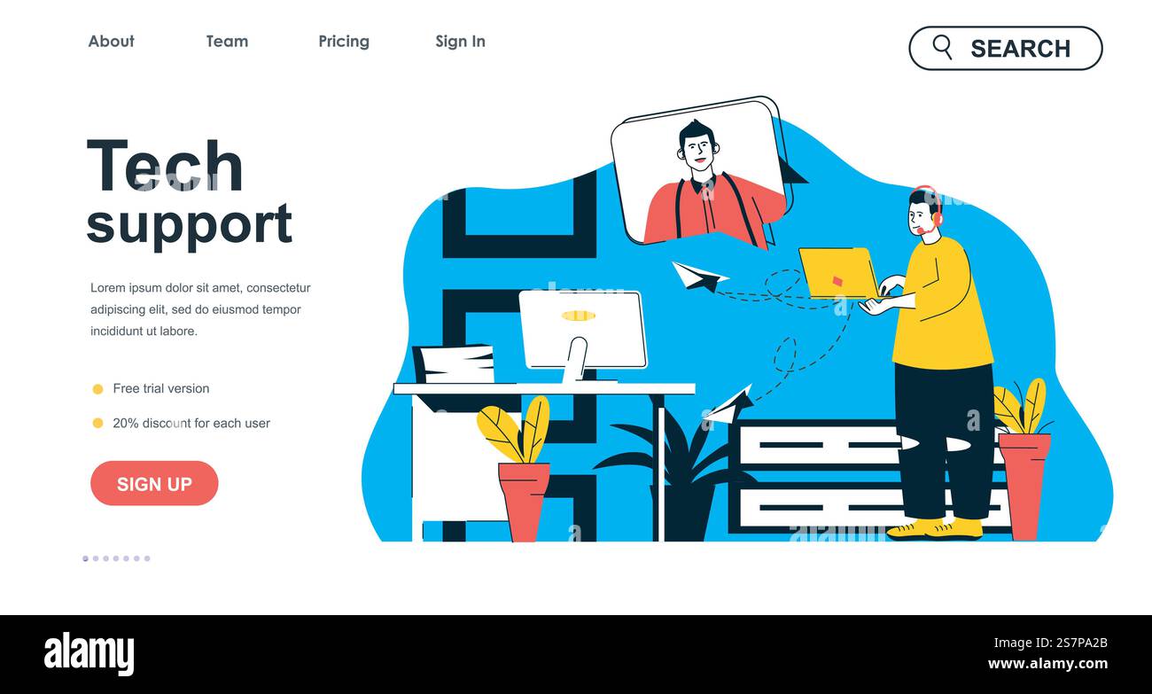 Technisches Support-Konzept für Landing-Page-Vorlage. Vermittler im Headset berät Mann im Chat. Technische Probleme lösen Personenszene. Vektorillustration mit flachem Zeichendesign für Webbanner Stock Vektor