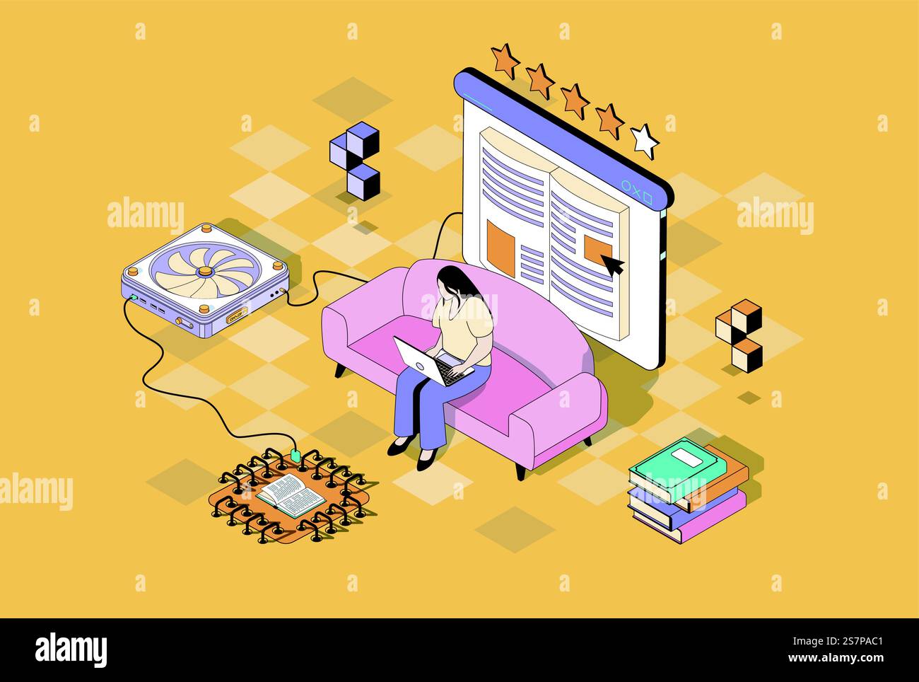 Online-Lesekonzept in 3D-Isometrie. Frau las E-Book mit Laptop-Programm und kaufte elektronische Literatur im Online-Buchladen. Vektorillustration mit Isometrie Personenszene für Webgrafik Stock Vektor