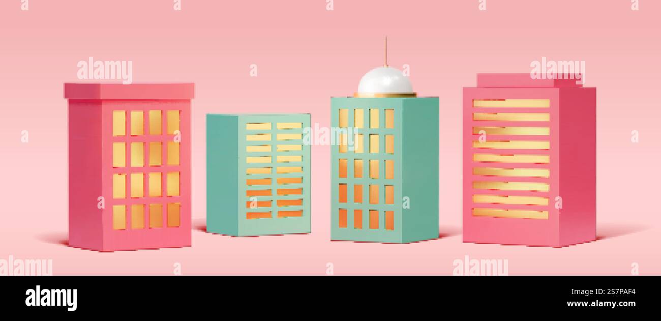 3D-Rendering rosafarbene und hellgrüne Wolkenkratzer im minimalen Stil, isoliert auf rosa Hintergrund. Minimaler 3D-Wolkenkratzer Stock Vektor