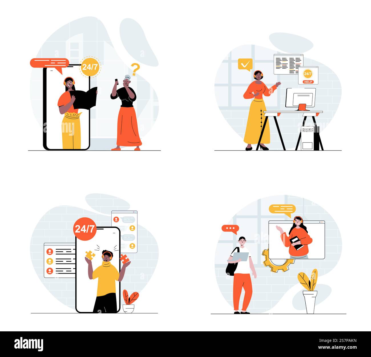 Kundensupport-Konzept mit Zeichensatz. Sammlung von Szenen Menschen in Headsets beraten Kunden und lösen technische Probleme über Anrufe und Online-Chats. Vektorabbildungen im Flachwebdesign Stock Vektor