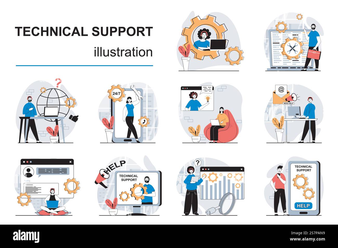 Technisches Support-Konzept mit Charaktersituationen Mega Set. Ein Bündel von Szenen, die Kunden beraten und unterstützen, technische Probleme lösen und Anrufe entgegennehmen. Vektorabbildungen im Flachwebdesign Stock Vektor