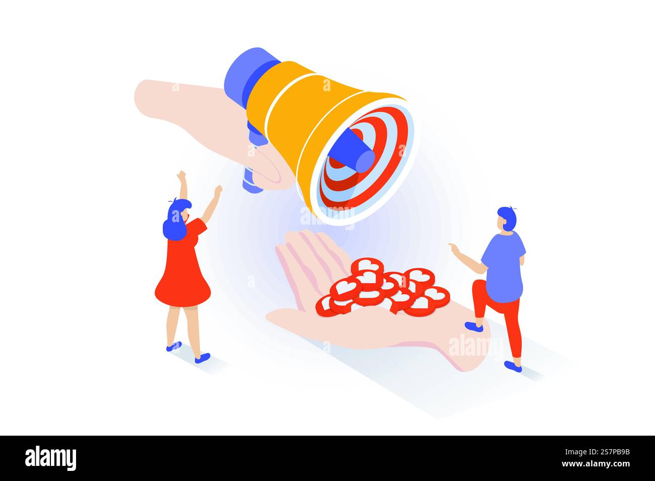 Social-Media-Konzept in 3D-Isometrie. Online-Blog für die Werbung von Menschen mit Marketing-Megaphon und sammeln viele Herzreaktionen. Vektorillustration mit Isometrieszene für Webgrafik Stock Vektor