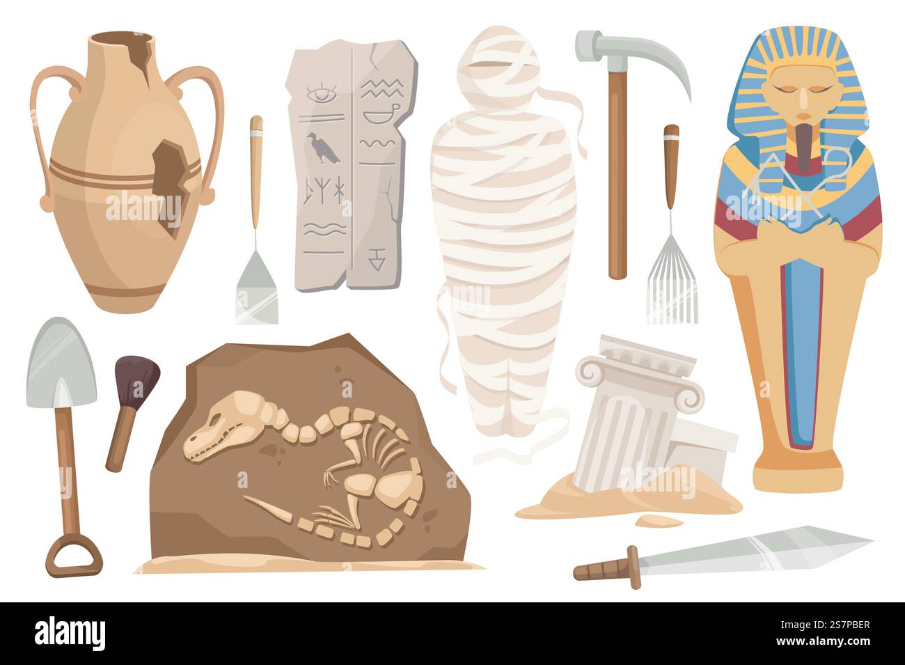 Archäologie setzt grafische Elemente in flachem Design. Ein Bündel von alten zerbrochenen Vasen, Hieroglyphenplatte, Mumie, Sarkophag, Dinosaurier, Schaufel, Spitzhacke, Bürste und andere. Vektorillustration isolierte Objekte Stock Vektor