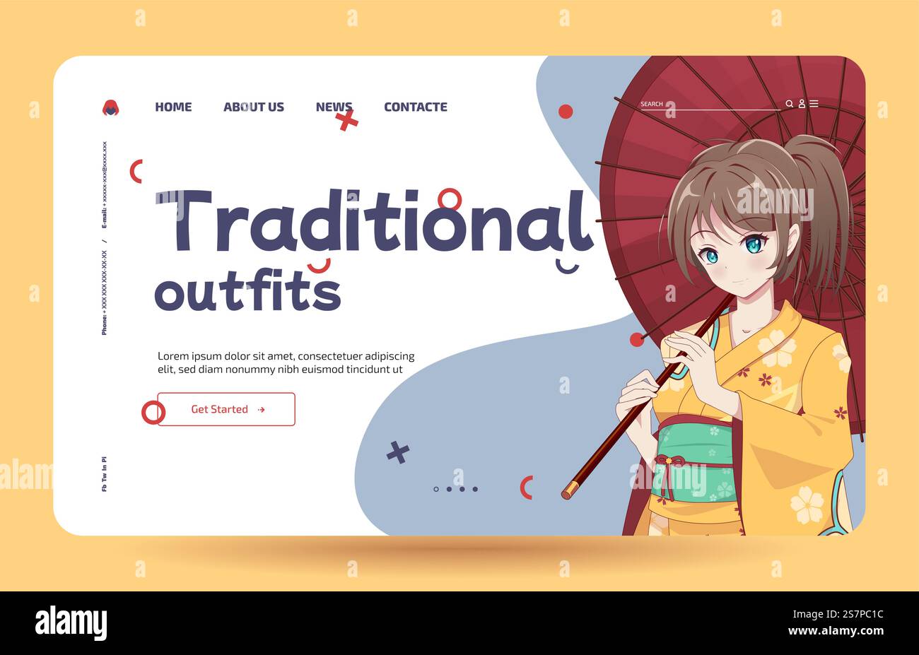 Anime-Manga-Mädchen in traditionellem japanischem Kimono-Kostüm mit Regenschirm. Traditionelle Outfits – Landing-Page-Vorlage. Vorlage für Landing-Page. Anime-Mädchen in Kimono und Regenschirm Stock Vektor