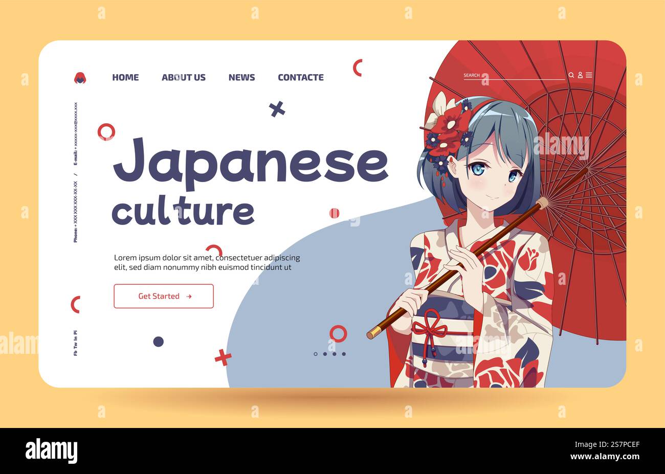 Anime-Manga-Mädchen in traditionellem japanischem Kimono-Kostüm mit Regenschirm. Japanische Kultur – Vorlage für Landingpage. Vorlage für Landing-Page. Anime-Mädchen in Kimono und Regenschirm Stock Vektor