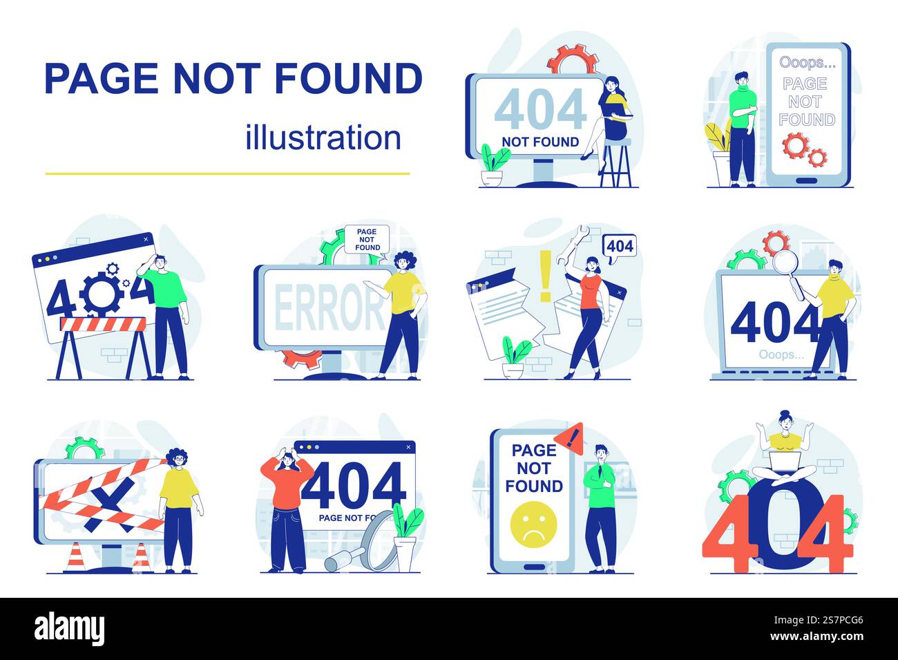 Seite nicht gefunden Konzept mit Mega-Set für Zeichensituationen. Bündel von Szenen Personen, die Probleme mit der Verbindung haben, Fehlertext oder Fehler 404 auf Bildschirmen sehen. Vektorabbildungen im Flachwebdesign Stock Vektor