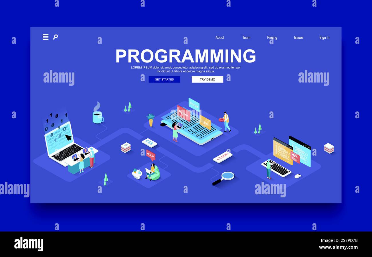 Programmierfirma Konzept 3D isometrische Landing-Page-Vorlage. Menschen erstellen Software, schreiben Code für Programme, testen mobile Anwendungen. Vektorabbildung im Isometrie-Grafikdesign. Stock Vektor