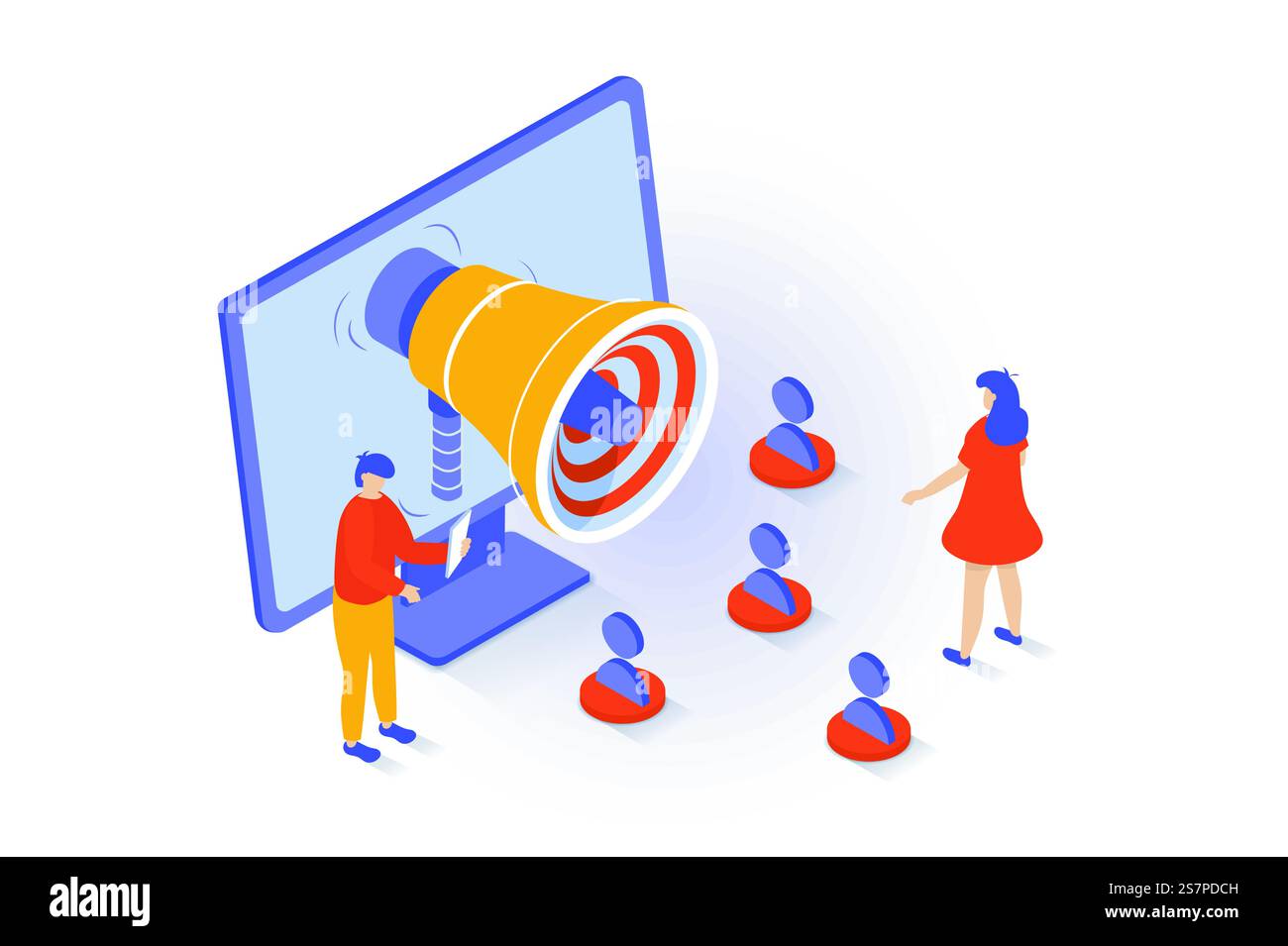 Social-Media-Konzept in 3D-Isometrie. Menschen, die Megaphon und Online-Werbewerkzeuge für Werbeblogs nutzen und Follower anlocken. Vektorillustration mit Isometrieszene für Webgrafik Stock Vektor