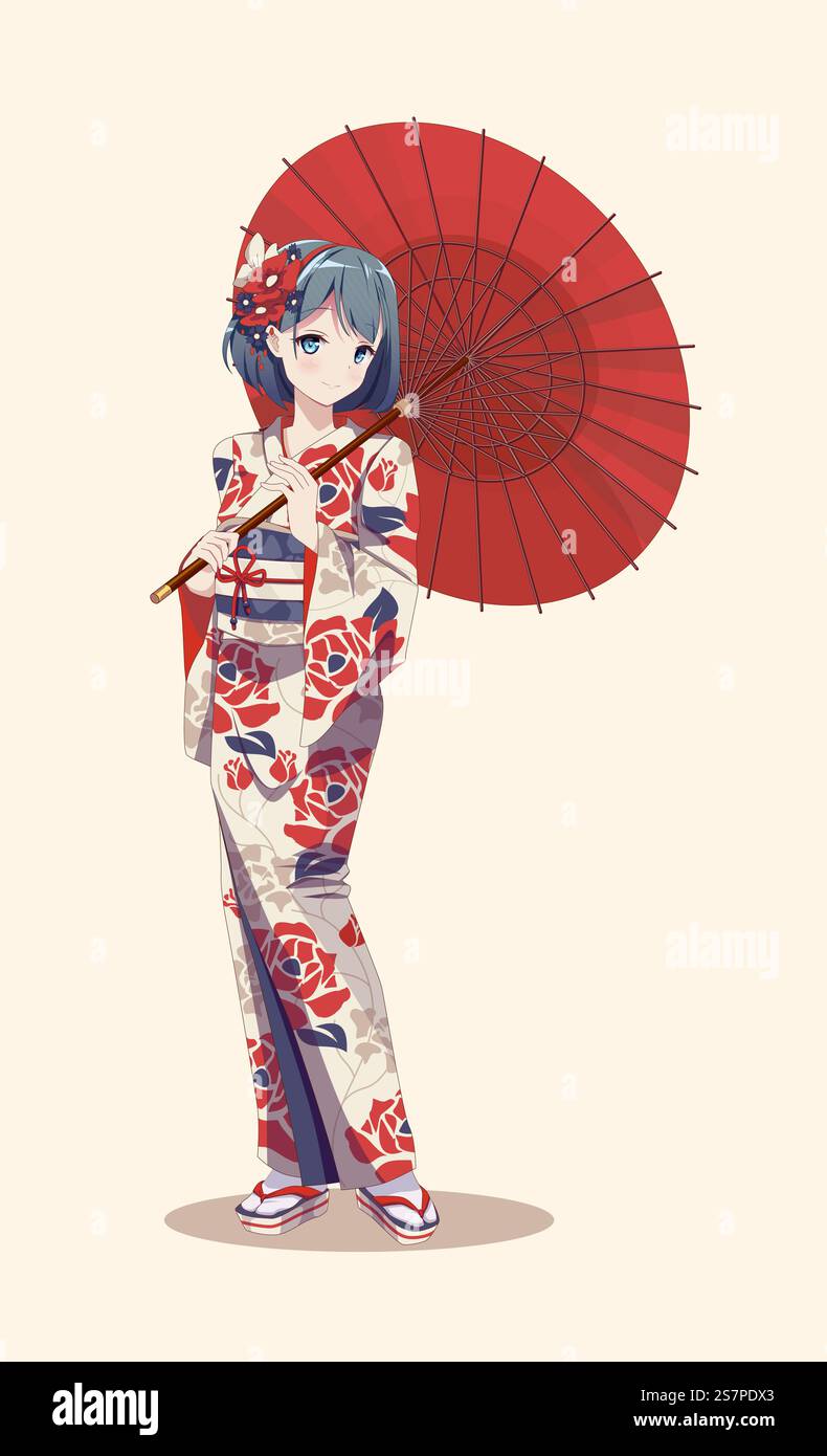 Anime-Manga-Mädchen in traditionellem japanischem Kimono-Kostüm mit Papierschirm. Vektordarstellung auf isoliertem Hintergrund. Anime-Manga-Mädchen im Kimono mit Papierschirm Stock Vektor