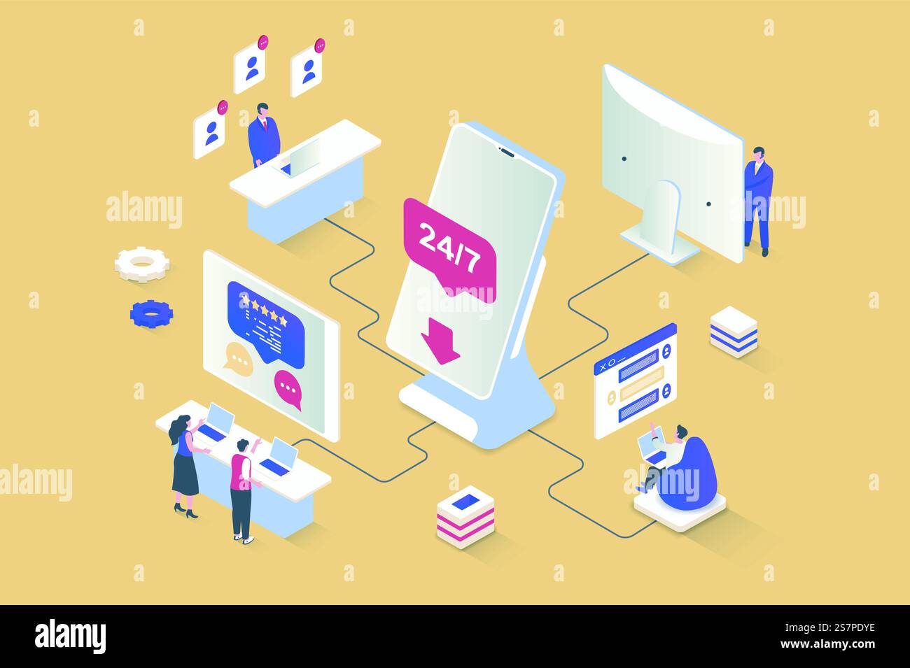 Kundendienstkonzept in 3D-Isometrie. Call Center-Betreiber, die Anrufe entgegennehmen und Kunden im Chat beraten, um Probleme zu lösen. Vektorillustration mit Isometrie Personenszene für Webgrafik Stock Vektor