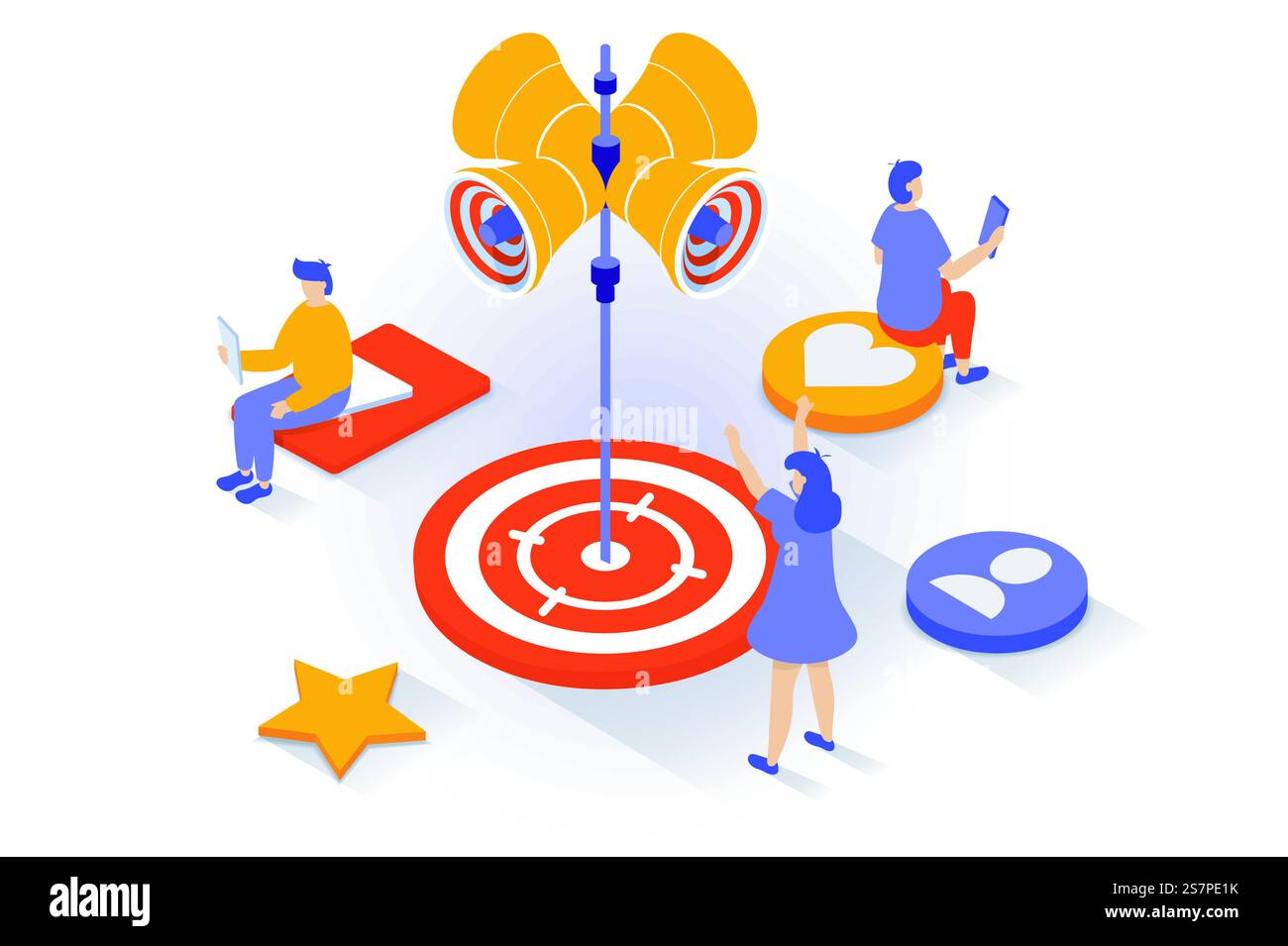 Geschäfts- und Marketingkonzept in 3D-Isometrie. Menschen, die Zielgruppen gewinnen, indem sie Online-Werbewerkzeuge für die Unternehmensentwicklung einsetzen. Vektorillustration mit Isometrieszene für Webgrafik Stock Vektor