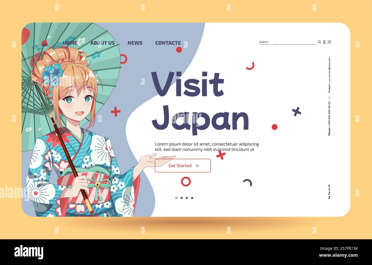 Anime-Manga-Mädchen in traditionellem japanischem Kimono-Kostüm mit Regenschirm. Japanisch lernen – Vorlage für Landing-Page. Vorlage für Landing-Page. Anime-Mädchen in Kimono und Regenschirm Stock Vektor