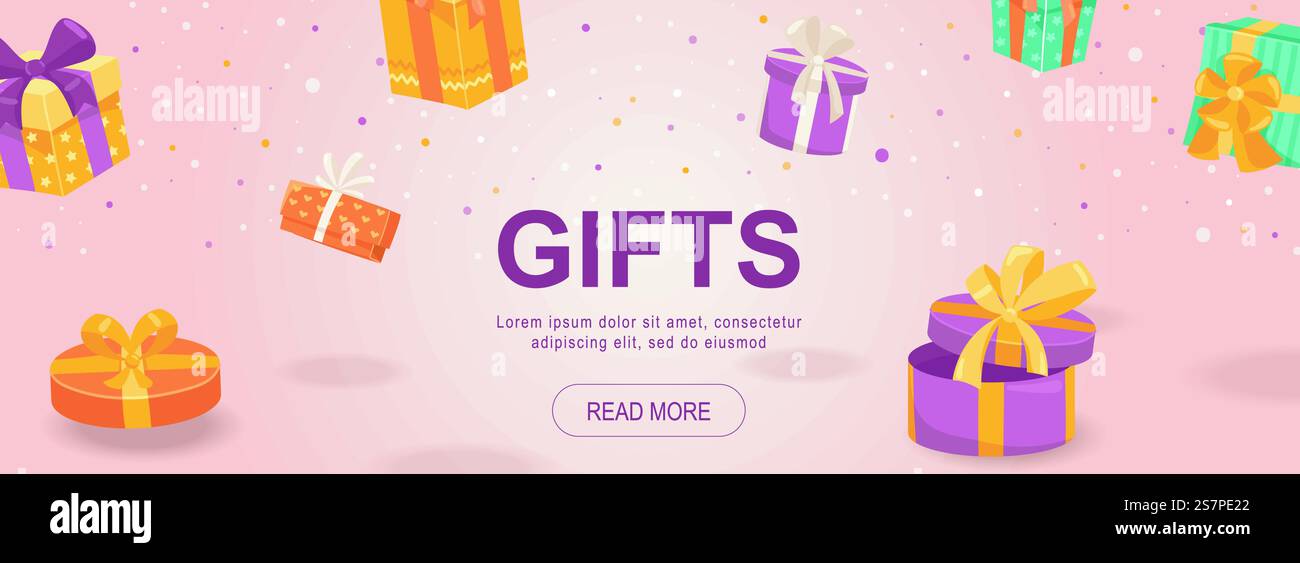Geschenke horizontales Webbanner. Bunte Kartonschachteln mit Schleifen für Geschenke zu Geburtstagen, Weihnachten und anderen Feiertagen. Vektorillustration für Header-Website, Cover-Vorlagen in modernem Design Stock Vektor