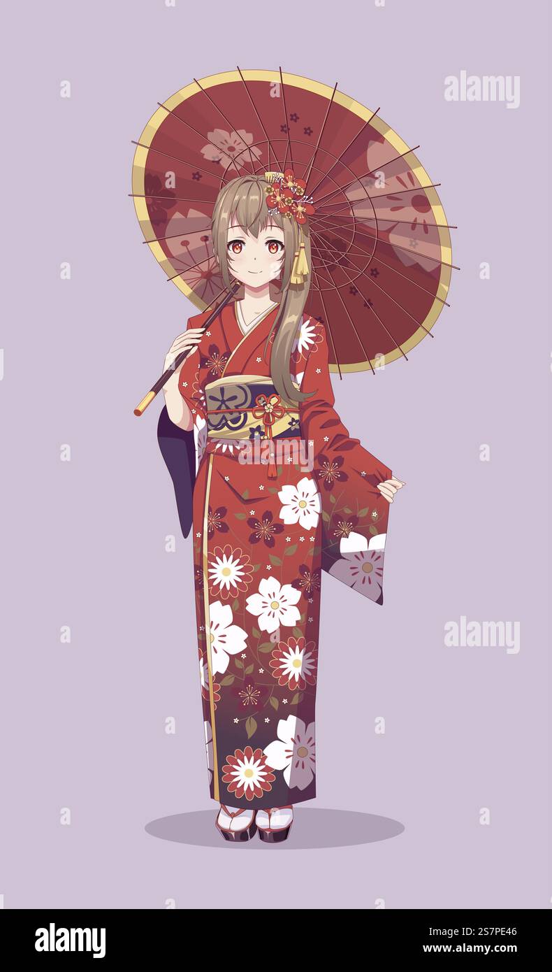 Anime-Manga-Mädchen in traditionellem japanischem Kimono-Kostüm mit Papierschirm. Vektordarstellung auf isoliertem Hintergrund. Anime-Manga-Mädchen im Kimono mit Papierschirm Stock Vektor