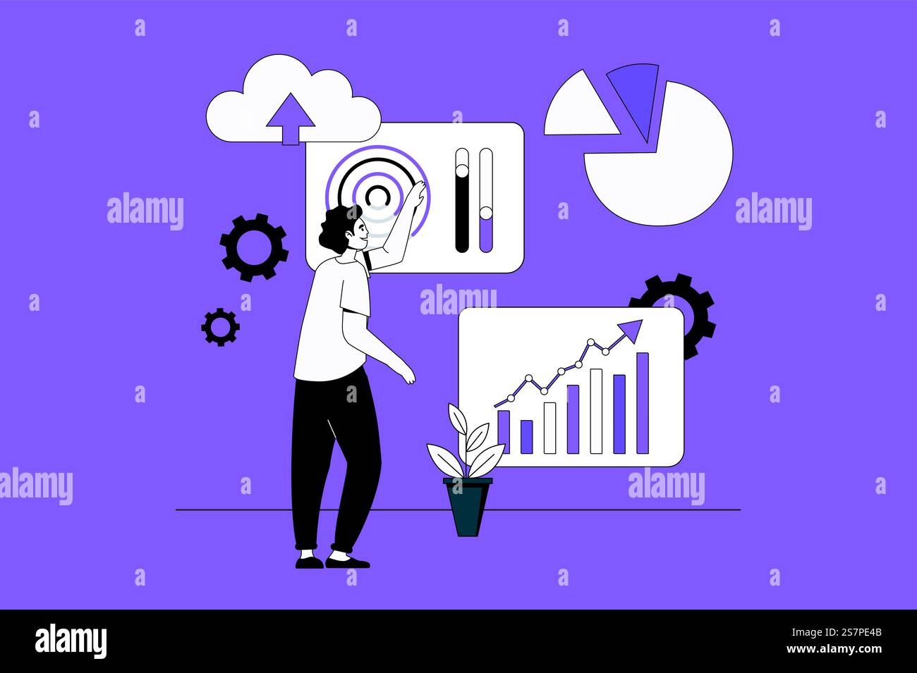 IOT Analytics Webkonzept mit Charakterszene in flachem Design. Personen, die Daten verarbeiten, die von verschiedenen IoT-Geräten mit Cloud-Technologie erfasst wurden. Vektorillustration für Marketingmaterial in sozialen Medien. Stock Vektor