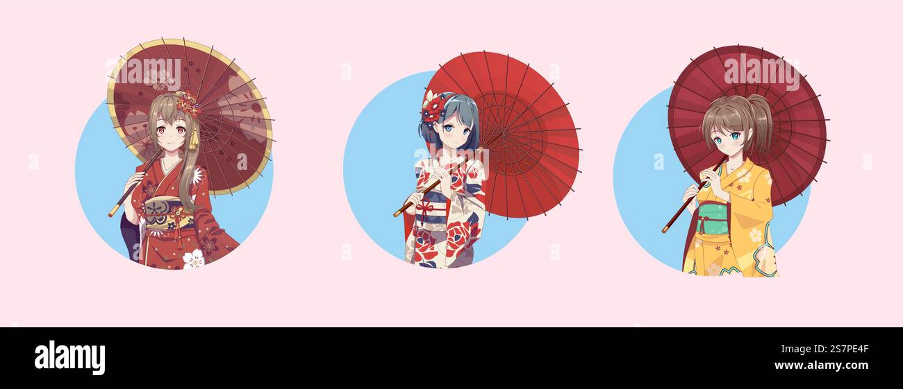 Anime Manga Girl Cartoon Charaktere. Mädchen mit japanischem Kimono und Regenschirm. Isolierte Runde Symbole... Anime-Manga-Mädchen in Kimono und Regenschirm. Symbole Runden Stock Vektor