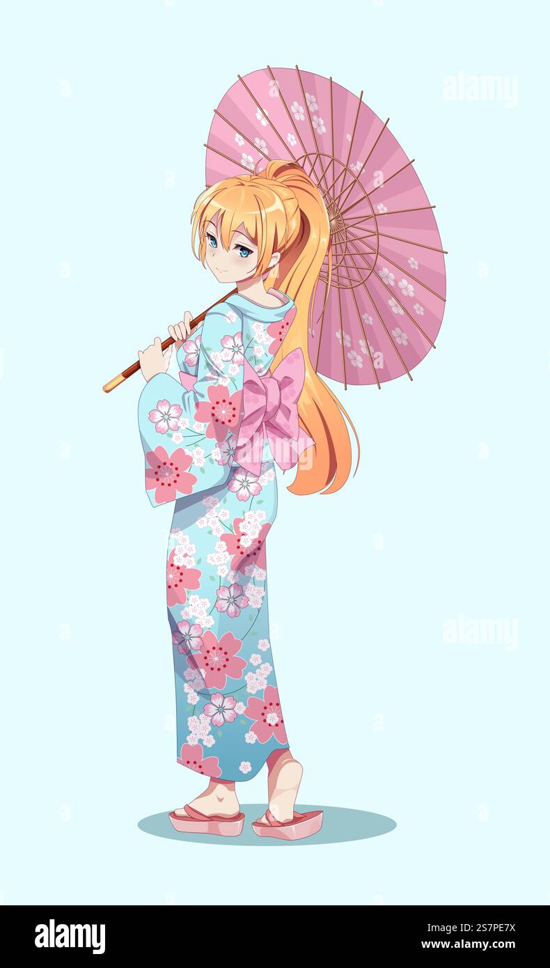 Anime-Manga-Mädchen in traditionellem japanischem Kimono-Kostüm mit Papierschirm. Vektordarstellung auf isoliertem Hintergrund. Anime-Manga-Mädchen im Kimono mit Papierschirm Stock Vektor