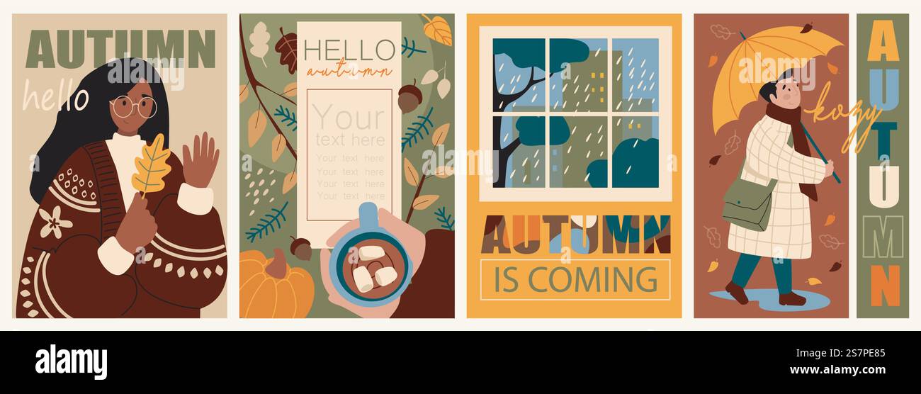 Hello Herbstbroschüre im trendigen flachen Design. Poster-Vorlagen mit Frau im Pullover hält Herbstwälder Blätter, heißer Kakao, Blick auf regnerische Fenster, Mann mit Regenschirmwolken. Vektorabbildung. Stock Vektor