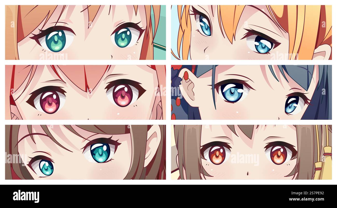 Anime-Manga-asiatische Augen-Look. Japanisches Comicbuch-Konzept. T-Shirt-Muster. Isolierte Vektordarstellungen. Anime-Manga-Augen-Look. Comic-Konzept für T-Shirt-Prints Stock Vektor
