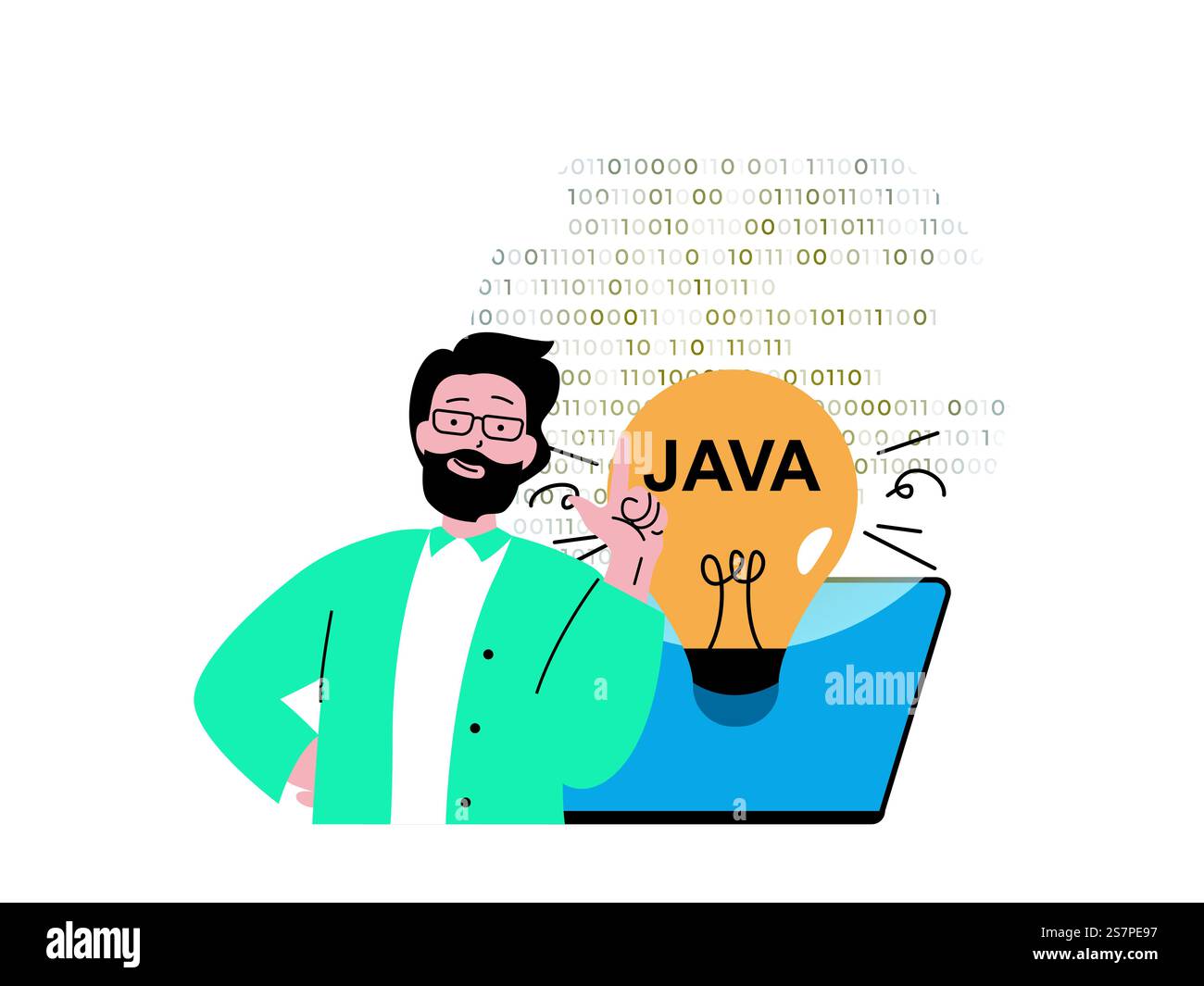 Programmier-Software-Konzept mit Charaktersituation. Ein Mann, der mit Java-Programmsprache arbeitet, generiert neue Ideen und behebt Fehler. Vektorillustration mit Personenszene in flachem Design für Web Stock Vektor