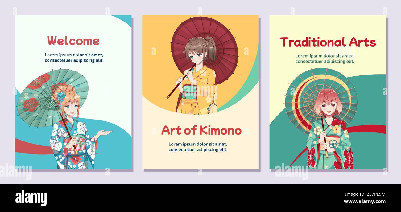 Poster oder Flyer. Anime-Manga-Mädchen in traditionellem japanischem Kimono-Kostüm mit Papierschirm. Vektordarstellung auf isoliertem Hintergrund. Poster Flyer Anime Manga Mädchen im Kimono mit Regenschirm Stock Vektor