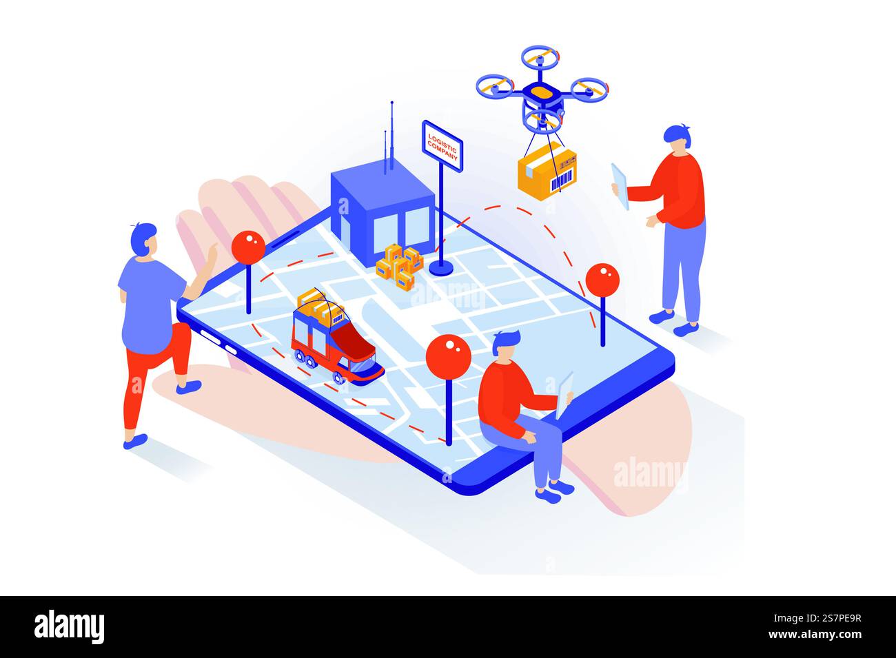 Transport- und Logistikkonzept in 3D-Isometrie. Die Leute arbeiten in der Lieferfirma, laden Pakete im Lager, versenden per Drohne. Vektorillustration mit Isometrieszene für Webgrafik Stock Vektor