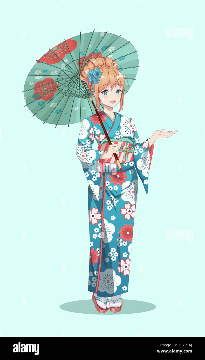 Anime-Manga-Mädchen in traditionellem japanischem Kimono-Kostüm mit Papierschirm. Vektordarstellung auf isoliertem Hintergrund. Anime-Manga-Mädchen im Kimono mit Papierschirm Stock Vektor
