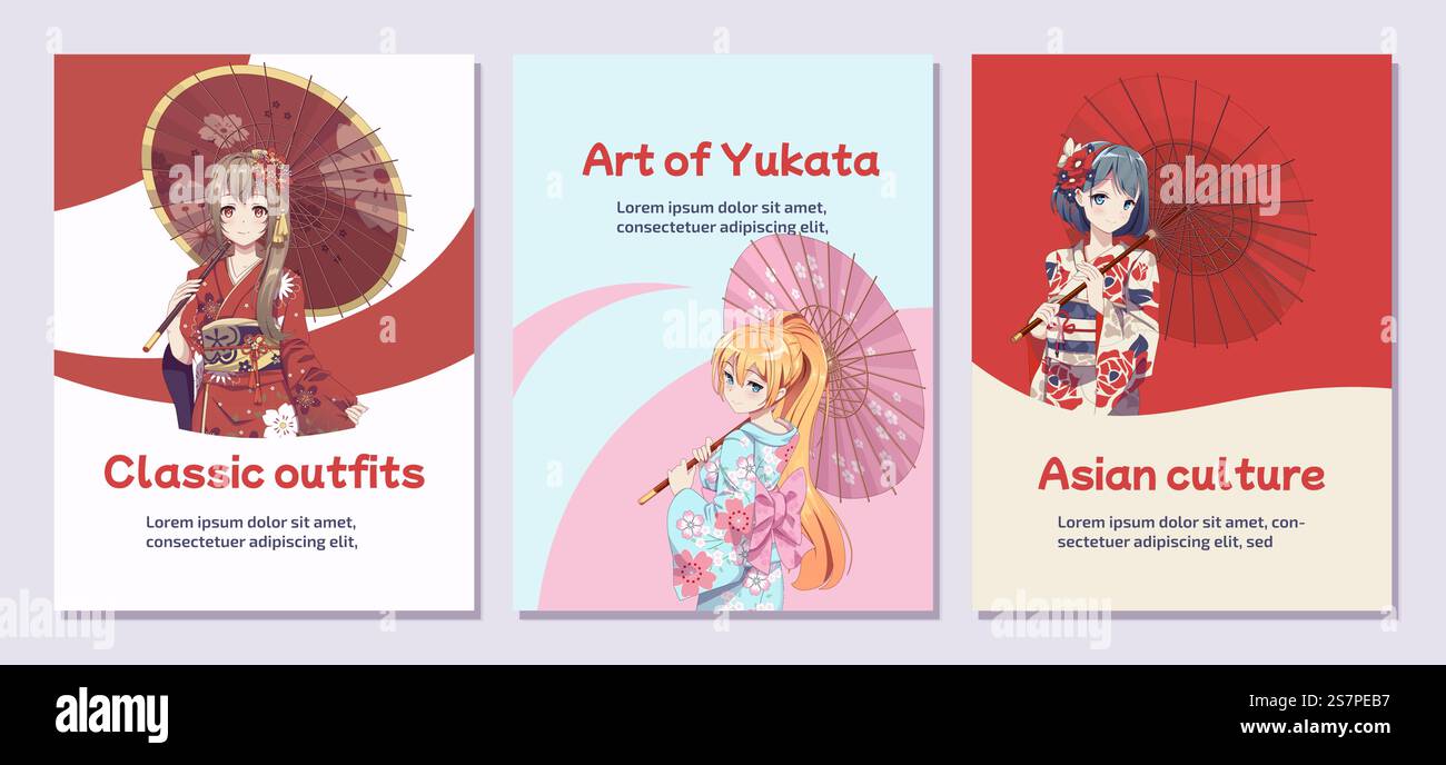 Poster oder Flyer. Anime-Manga-Mädchen in traditionellem japanischem Kimono-Kostüm mit Papierschirm. Vektordarstellung auf isoliertem Hintergrund. Poster Flyer Anime Manga Mädchen im Kimono mit Regenschirm Stock Vektor