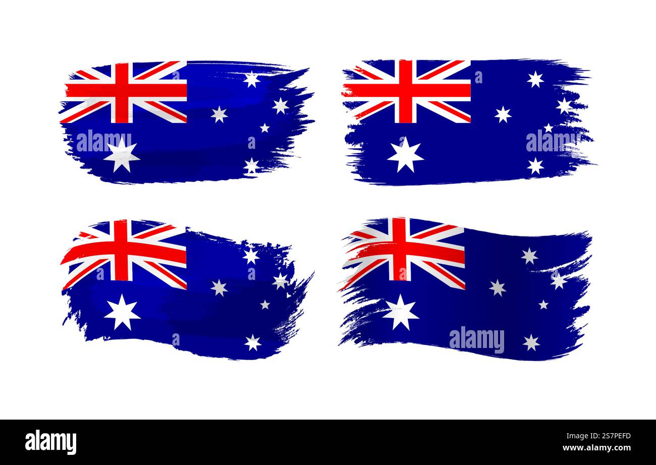 Set aus australischen Flaggen im Grunge-Stil. Kreative Kollektion „Flag of Australia“. Abstrakte künstlerische 3D- und wellenförmige Formen mit isolierter Begrenzung Stock Vektor