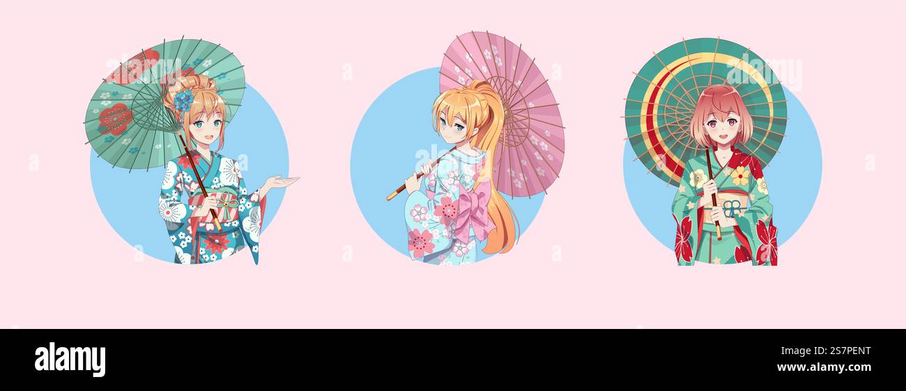 Anime Manga Girl Cartoon Charaktere. Mädchen mit japanischem Kimono und Regenschirm. Isolierte Runde Symbole... Anime-Manga-Mädchen in Kimono und Regenschirm. Symbole Runden Stock Vektor