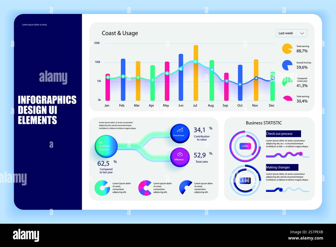 Infografik-Elemente-Datenvisualisierung Vektor-Designvorlage bündeln. Kann für Schritte, Geschäftsprozesse, Workflow, Diagramm, Flussdiagramm, Zeitachse, KPI-Dashboard, Infografiken. Stock Vektor