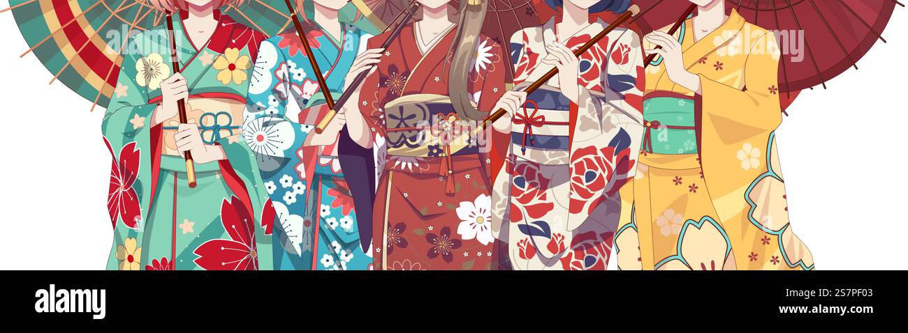 Gruppe von Anime-Manga-Mädchen in traditionellem japanischem Kimono-Kostüm mit Papierschirm. Vektordarstellung auf isoliertem Hintergrund. Gruppe Anime-Manga-Mädchen im Kimono mit Papierschirm Stock Vektor
