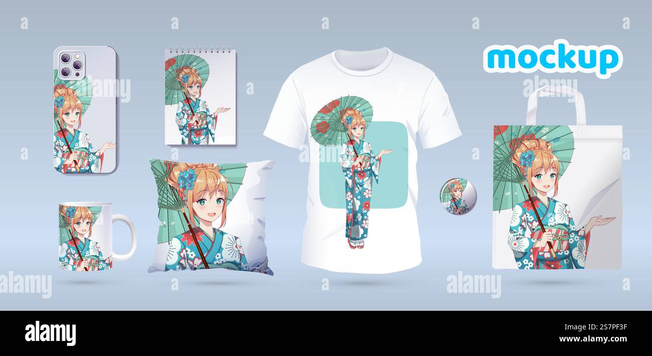 Anime Manga Girl in traditionellem Kimono. Mockup-Set mit Identitätsbranding, Draufsicht. Drucke auf T-Shirts, Sweatshirts, Handyhüllen, Taschen, Souvenirs. Isolierte Vektorillustration auf weißem Hintergrund. Anime-Mädchen im Kimono. Abdrücke auf T-Shirts, Hüllen, Souvenirs Stock Vektor
